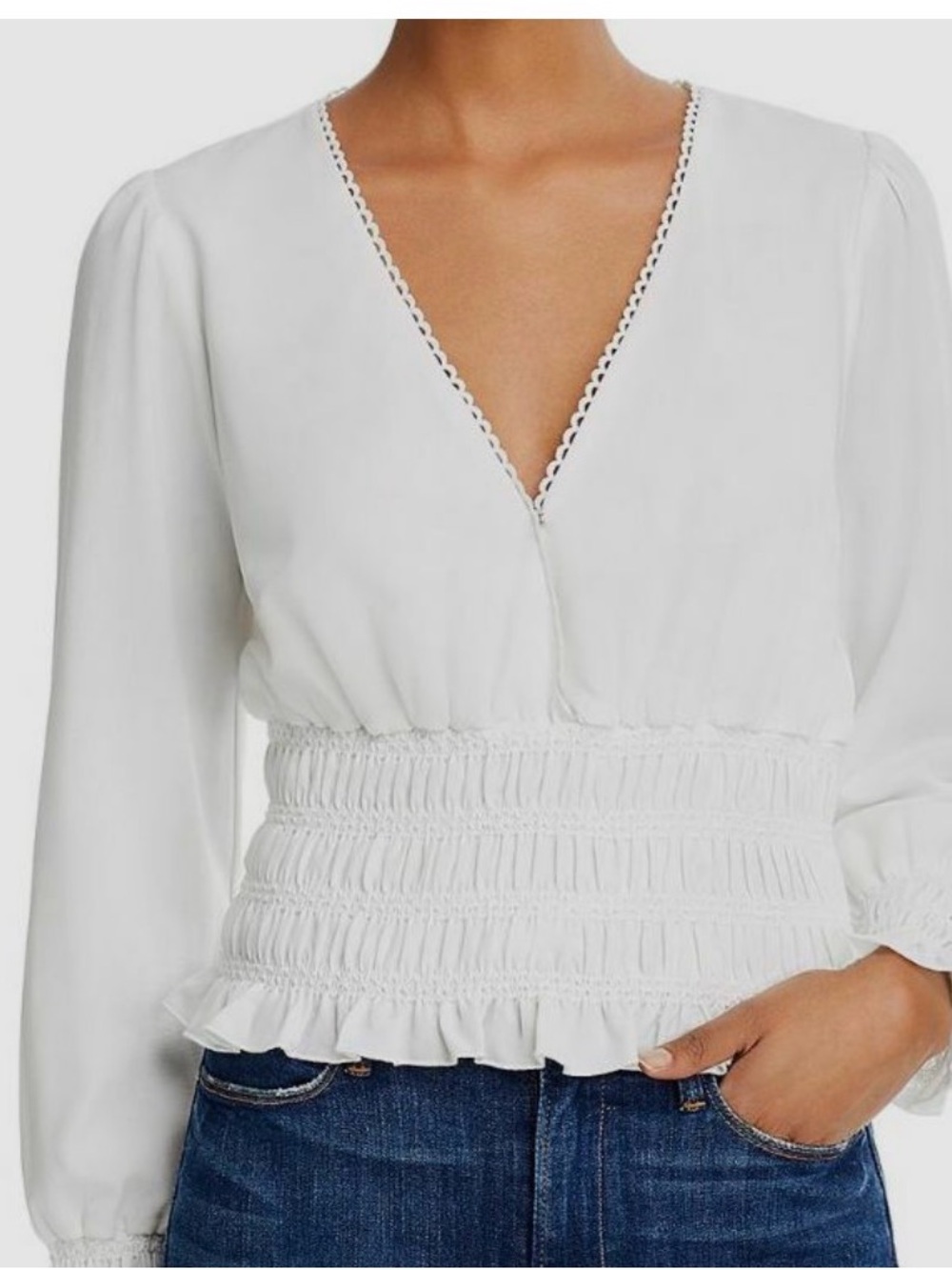 Wayf Delancy White  Smocked Waist V-Neck Long Sleeve Top V Neck XS